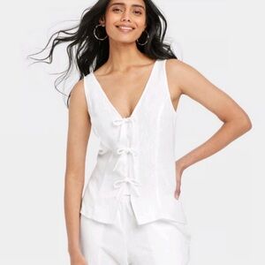 NWT A New Day XL White Tank Top Tie Front Bow V Neck Linen Minimalist Luxe